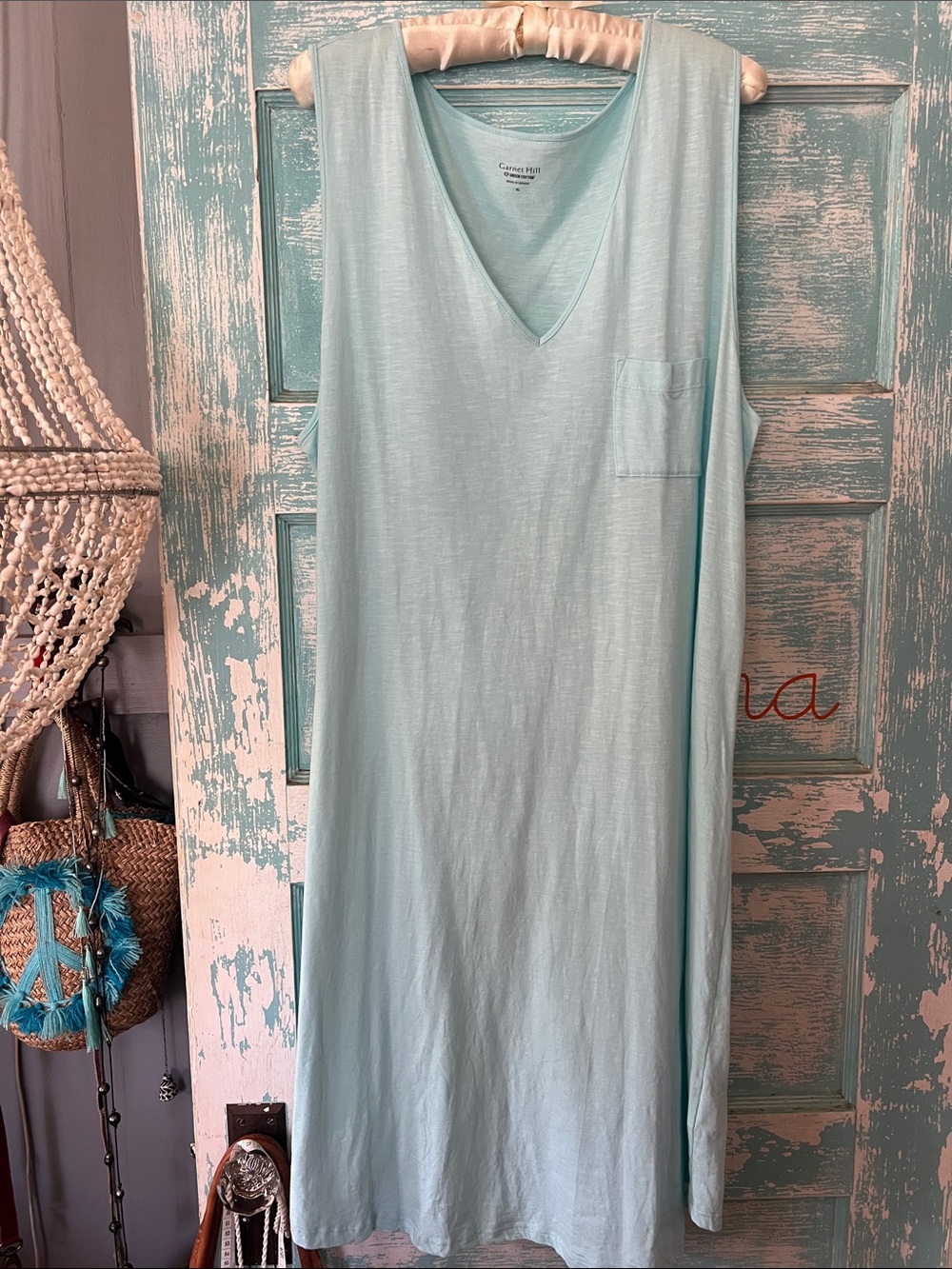 Garnet Hill lightweight Light Blue Aqua Sleeveless organic cotton Maxi Dress EUC
